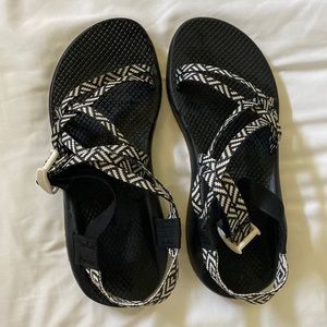 black and white chacos